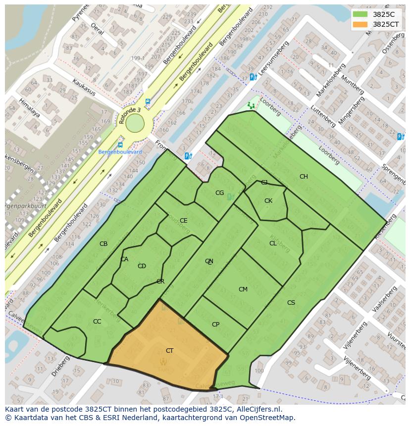 Afbeelding van het postcodegebied 3825 CT op de kaart.