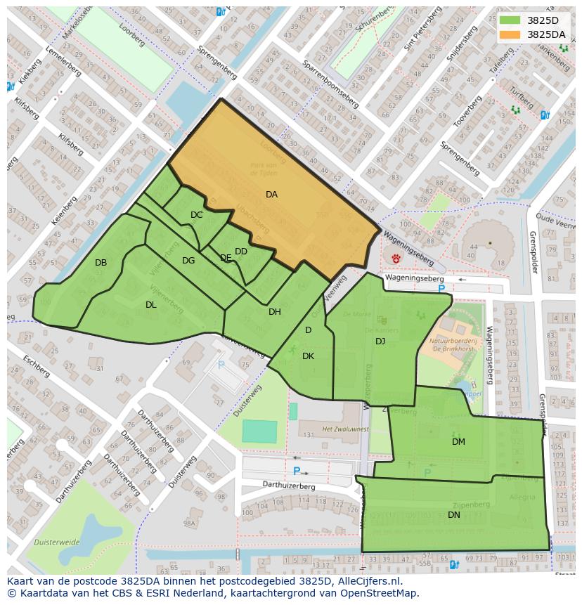 Afbeelding van het postcodegebied 3825 DA op de kaart.