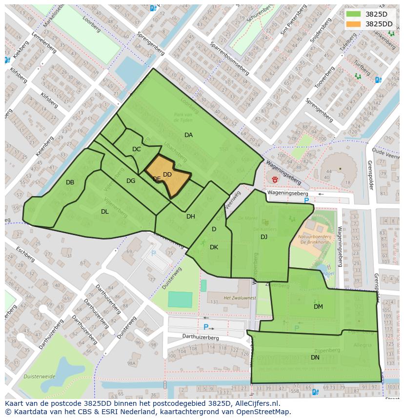 Afbeelding van het postcodegebied 3825 DD op de kaart.