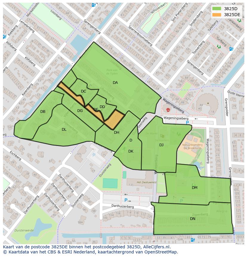 Afbeelding van het postcodegebied 3825 DE op de kaart.