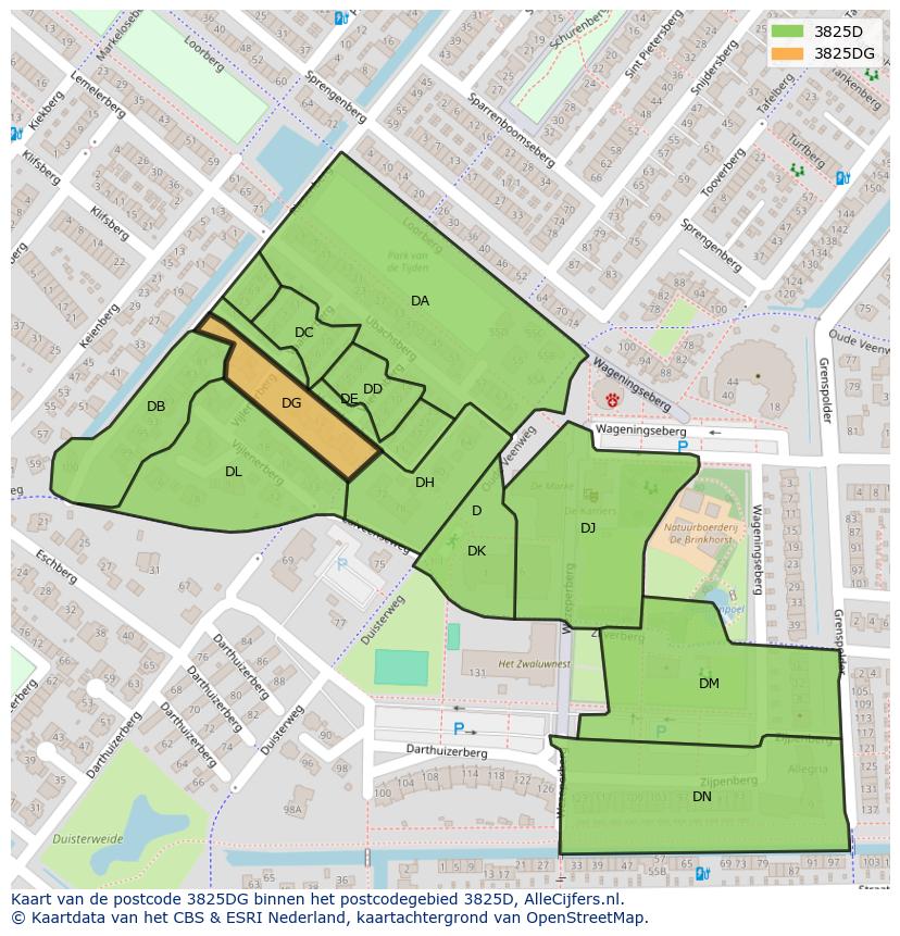Afbeelding van het postcodegebied 3825 DG op de kaart.