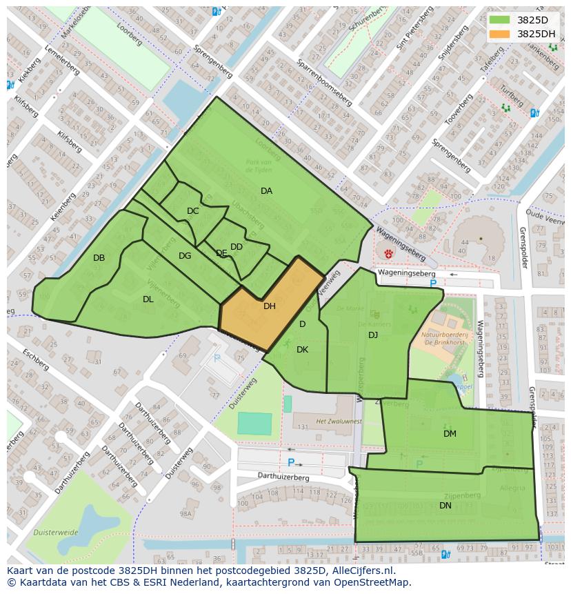 Afbeelding van het postcodegebied 3825 DH op de kaart.