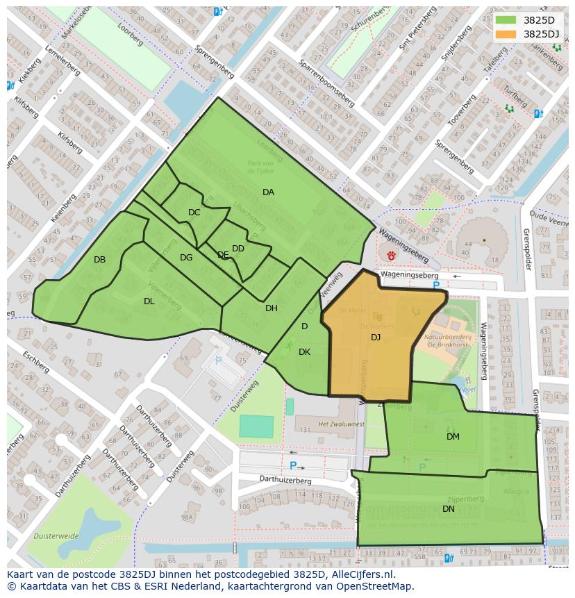 Afbeelding van het postcodegebied 3825 DJ op de kaart.