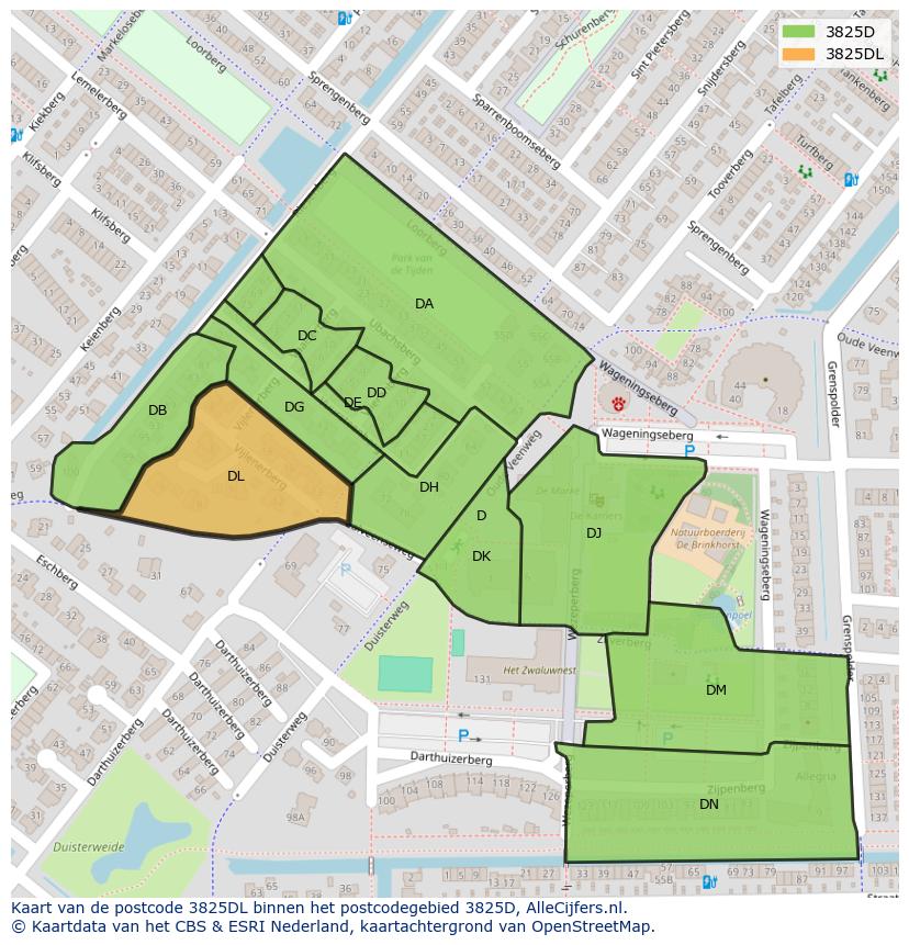 Afbeelding van het postcodegebied 3825 DL op de kaart.