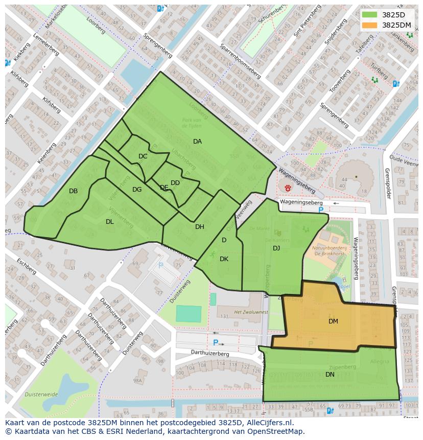 Afbeelding van het postcodegebied 3825 DM op de kaart.
