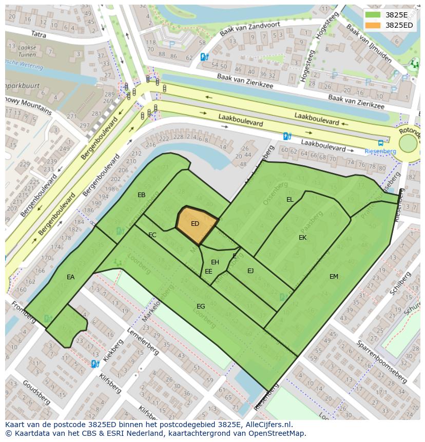 Afbeelding van het postcodegebied 3825 ED op de kaart.