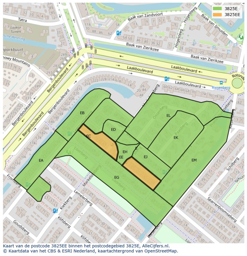 Afbeelding van het postcodegebied 3825 EE op de kaart.