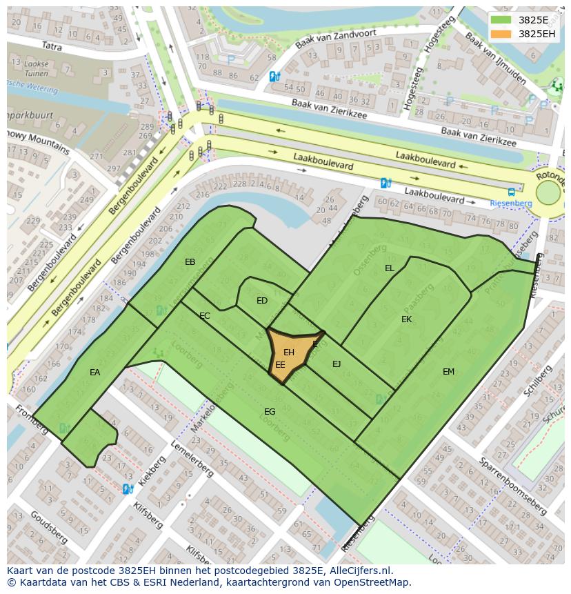 Afbeelding van het postcodegebied 3825 EH op de kaart.