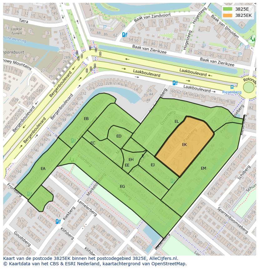 Afbeelding van het postcodegebied 3825 EK op de kaart.