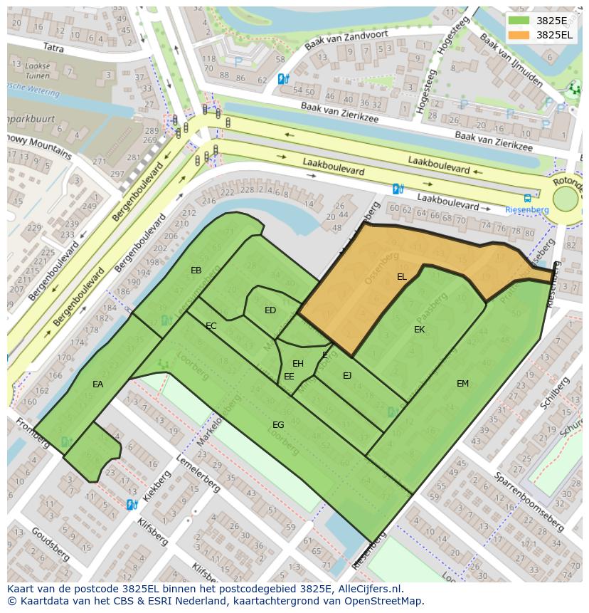 Afbeelding van het postcodegebied 3825 EL op de kaart.