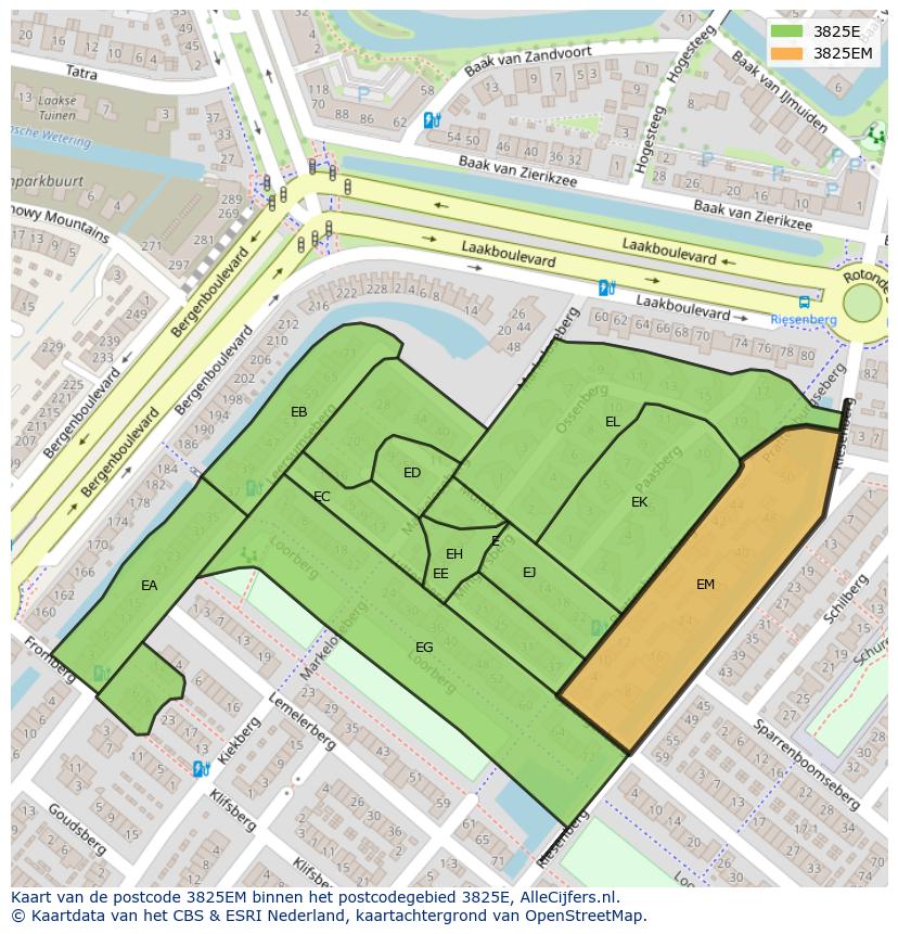 Afbeelding van het postcodegebied 3825 EM op de kaart.