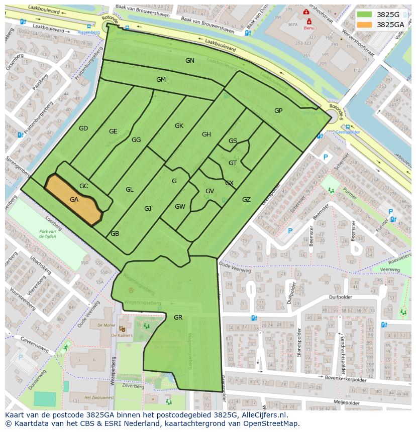 Afbeelding van het postcodegebied 3825 GA op de kaart.