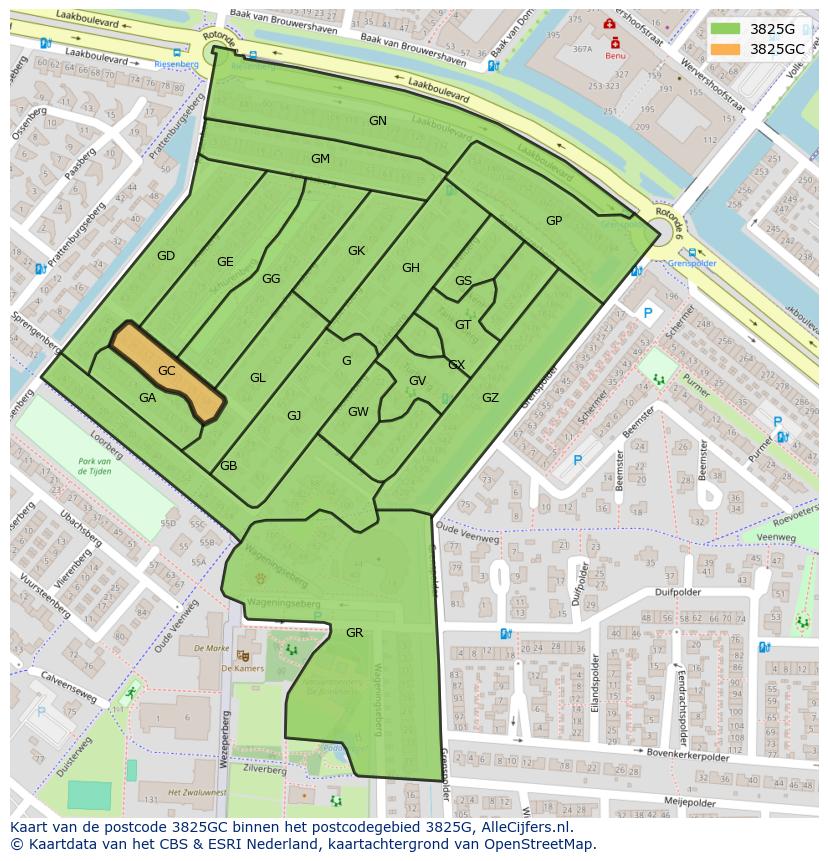Afbeelding van het postcodegebied 3825 GC op de kaart.