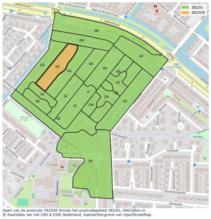 Afbeelding van het postcodegebied 3825 GE op de kaart.