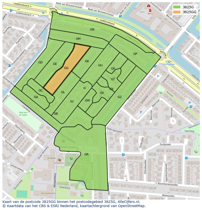 Afbeelding van het postcodegebied 3825 GG op de kaart.