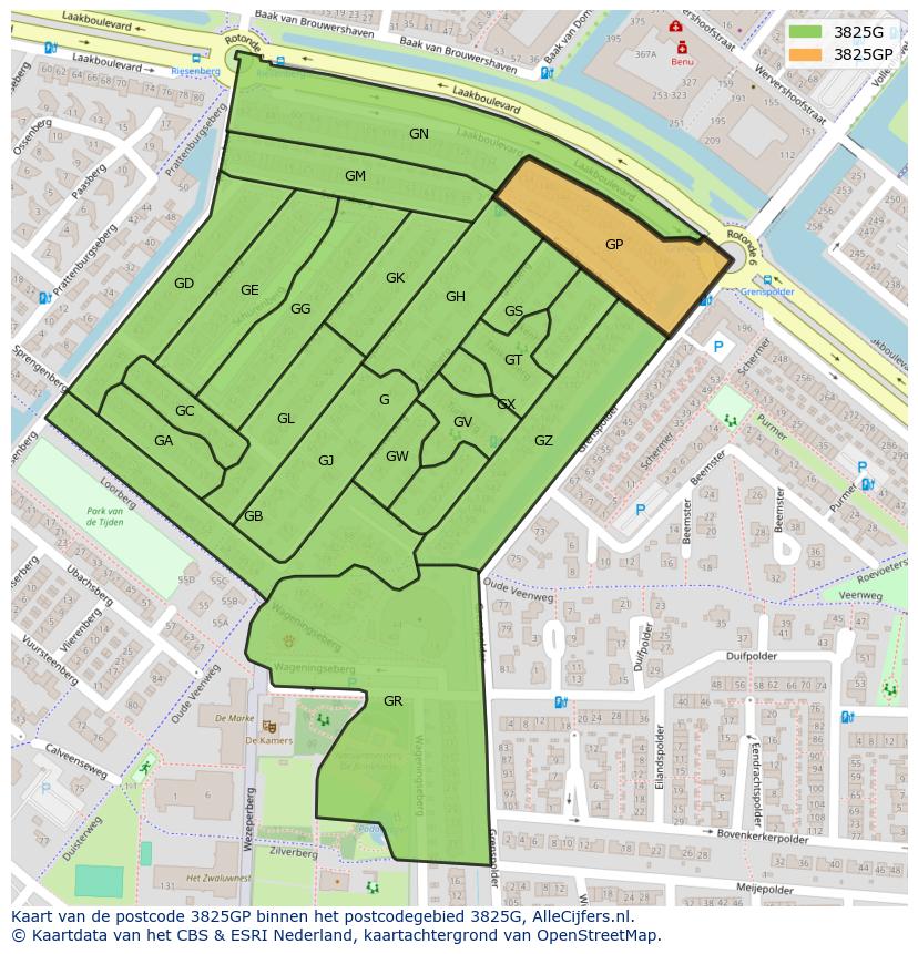 Afbeelding van het postcodegebied 3825 GP op de kaart.