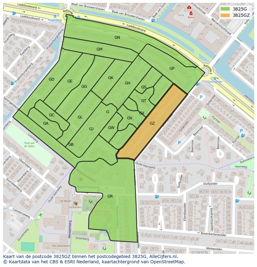 Afbeelding van het postcodegebied 3825 GZ op de kaart.