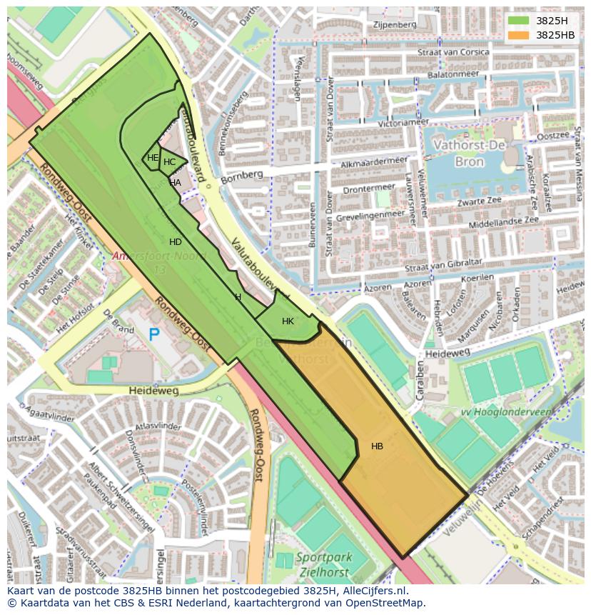 Afbeelding van het postcodegebied 3825 HB op de kaart.