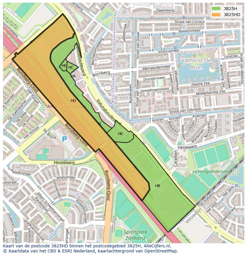 Afbeelding van het postcodegebied 3825 HD op de kaart.