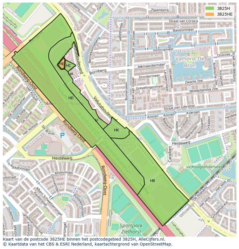 Afbeelding van het postcodegebied 3825 HE op de kaart.