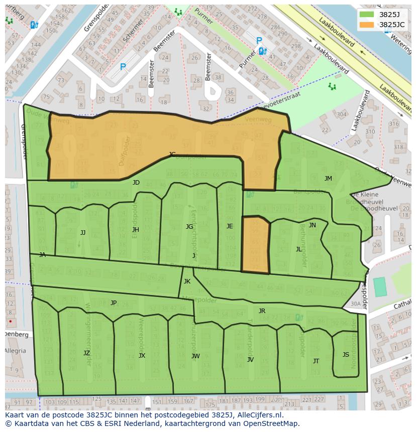 Afbeelding van het postcodegebied 3825 JC op de kaart.