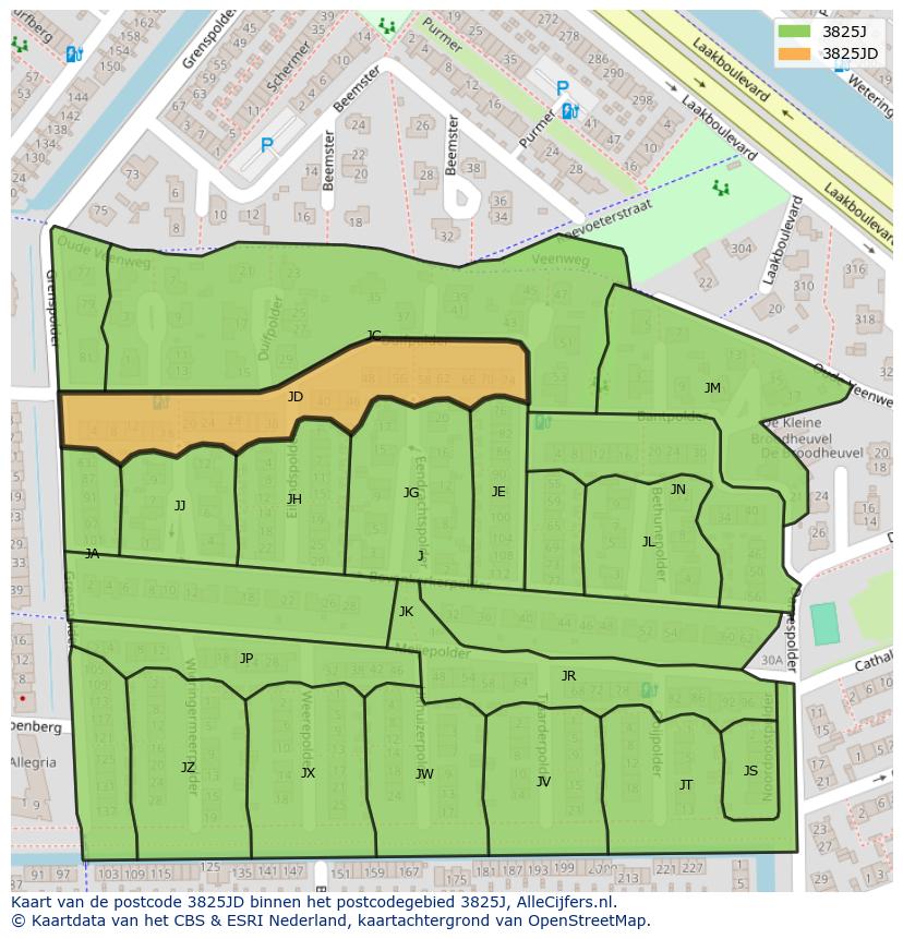 Afbeelding van het postcodegebied 3825 JD op de kaart.
