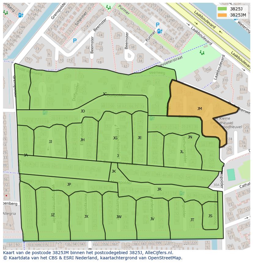 Afbeelding van het postcodegebied 3825 JM op de kaart.