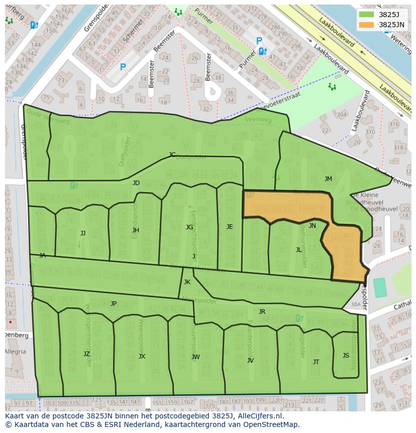 Afbeelding van het postcodegebied 3825 JN op de kaart.