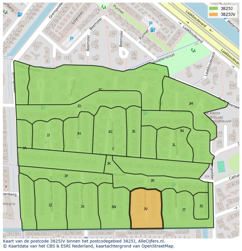 Afbeelding van het postcodegebied 3825 JV op de kaart.