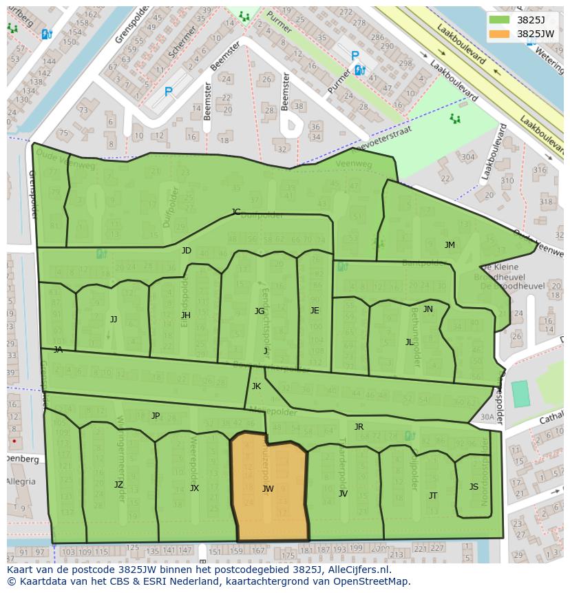 Afbeelding van het postcodegebied 3825 JW op de kaart.