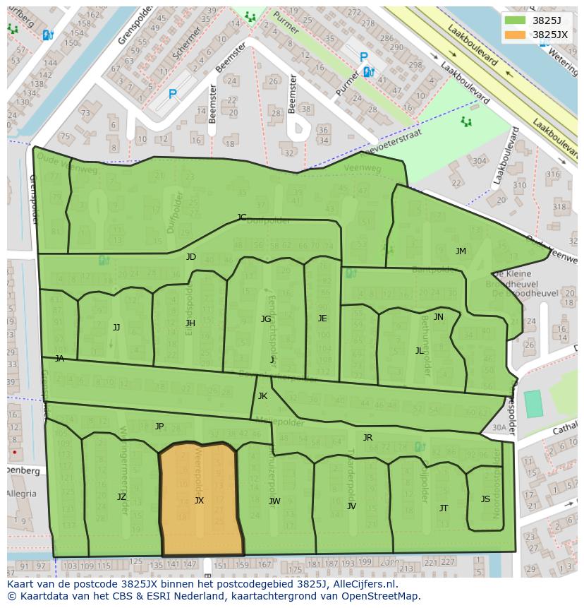 Afbeelding van het postcodegebied 3825 JX op de kaart.