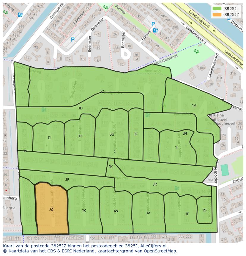 Afbeelding van het postcodegebied 3825 JZ op de kaart.
