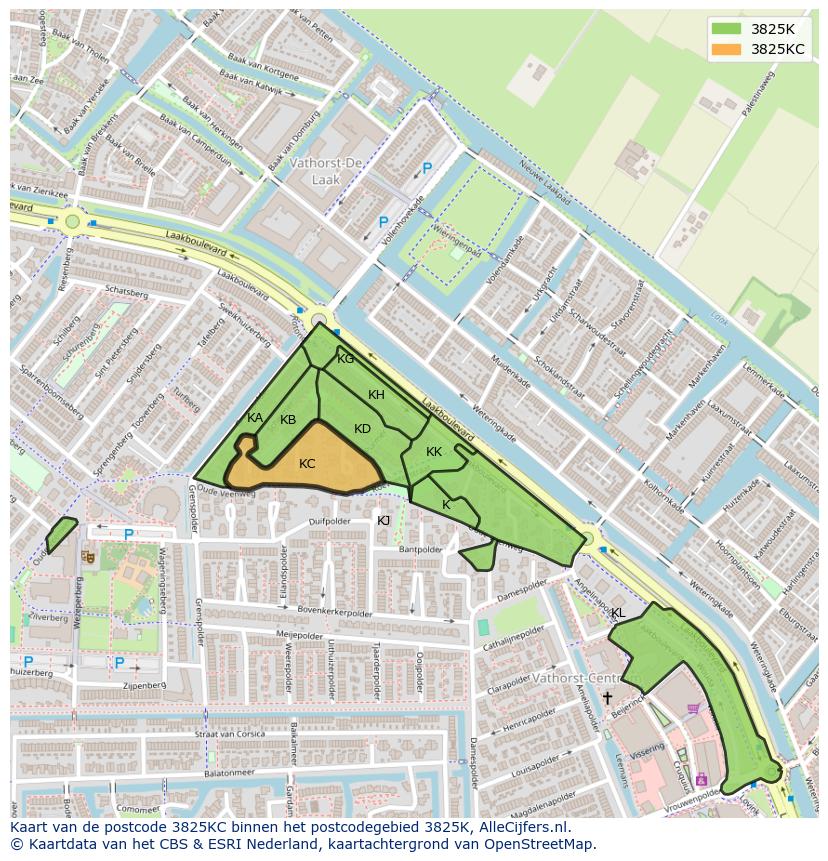 Afbeelding van het postcodegebied 3825 KC op de kaart.