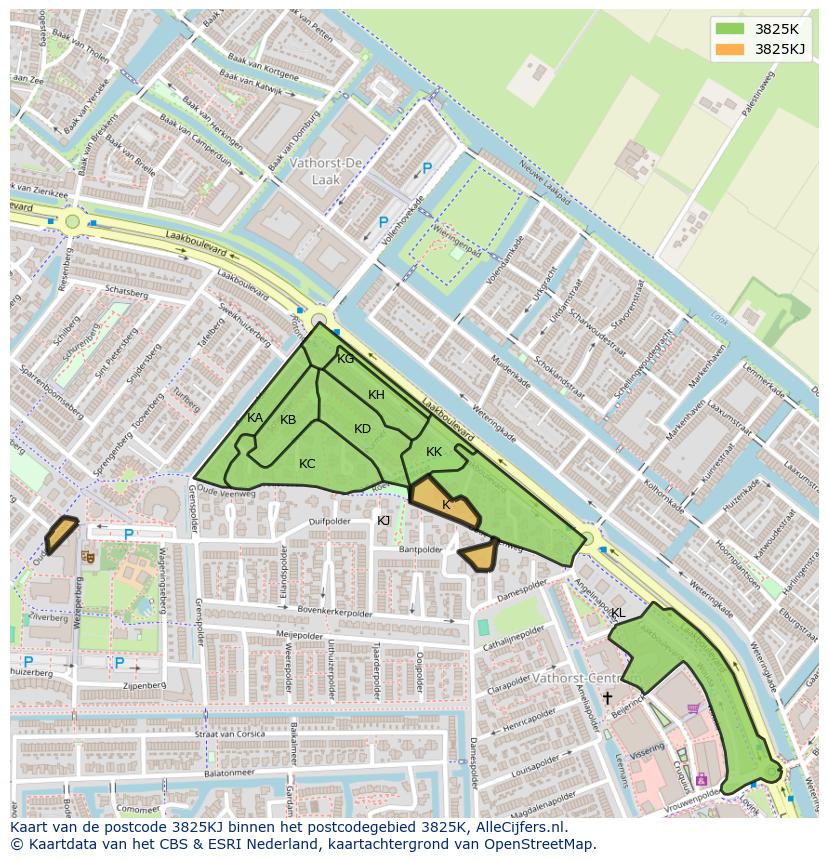 Afbeelding van het postcodegebied 3825 KJ op de kaart.