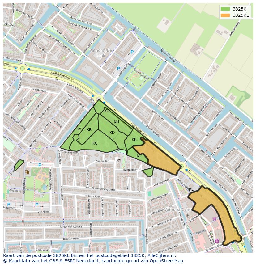 Afbeelding van het postcodegebied 3825 KL op de kaart.