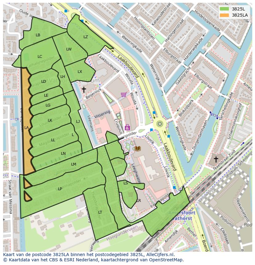 Afbeelding van het postcodegebied 3825 LA op de kaart.