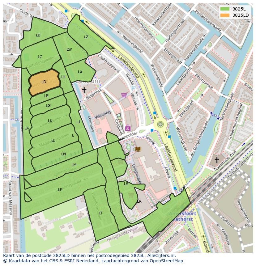 Afbeelding van het postcodegebied 3825 LD op de kaart.