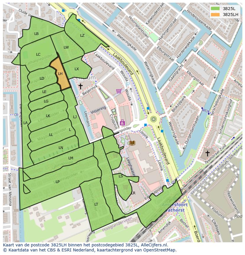 Afbeelding van het postcodegebied 3825 LH op de kaart.