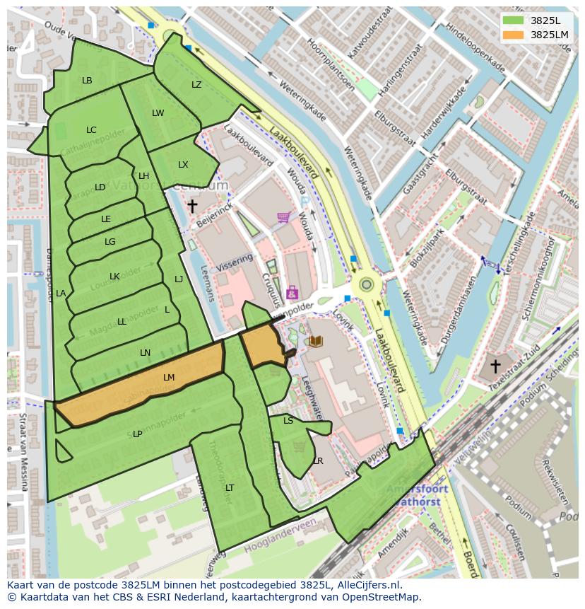 Afbeelding van het postcodegebied 3825 LM op de kaart.