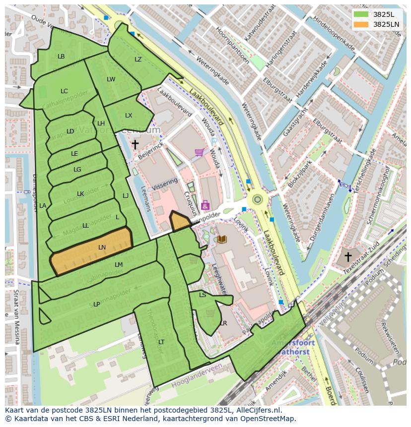 Afbeelding van het postcodegebied 3825 LN op de kaart.