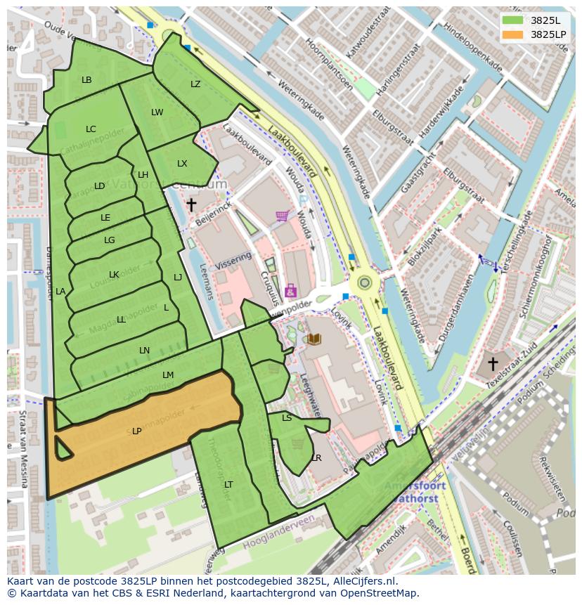 Afbeelding van het postcodegebied 3825 LP op de kaart.