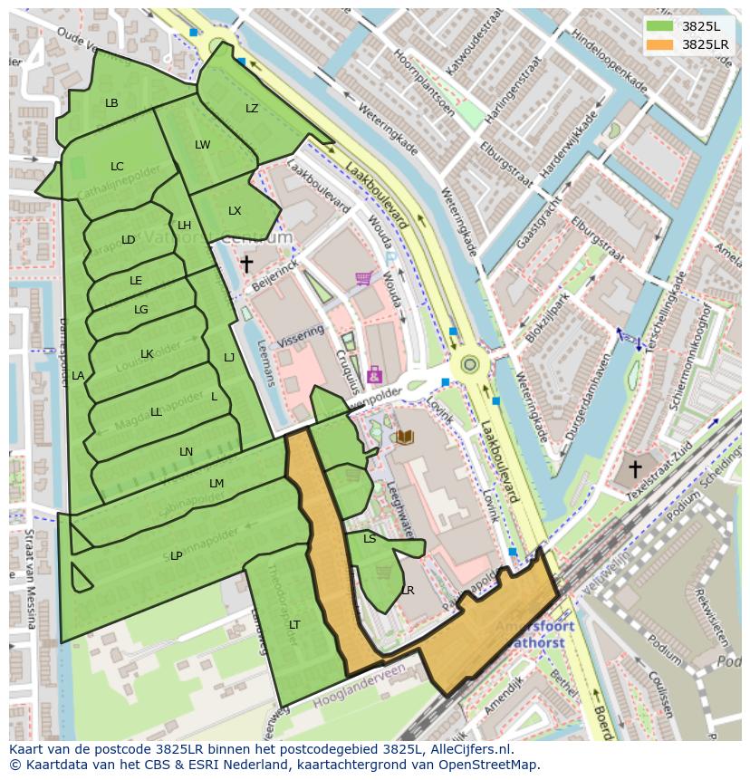 Afbeelding van het postcodegebied 3825 LR op de kaart.