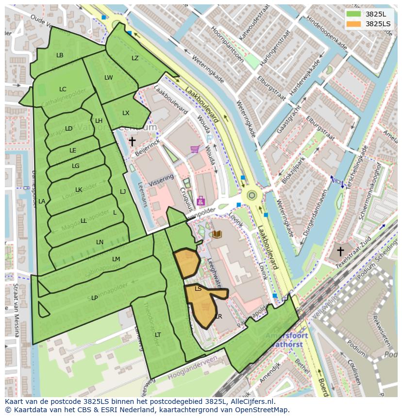 Afbeelding van het postcodegebied 3825 LS op de kaart.