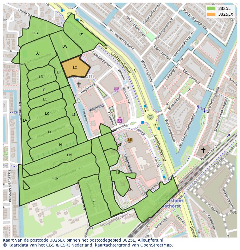 Afbeelding van het postcodegebied 3825 LX op de kaart.
