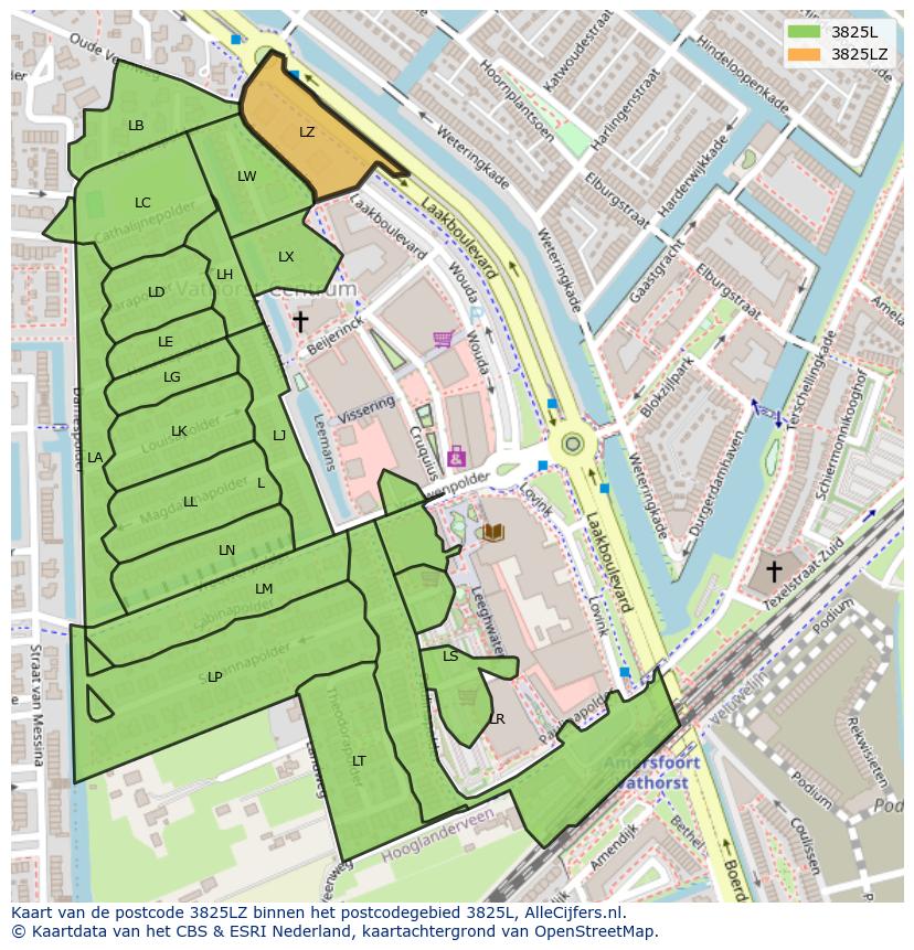 Afbeelding van het postcodegebied 3825 LZ op de kaart.