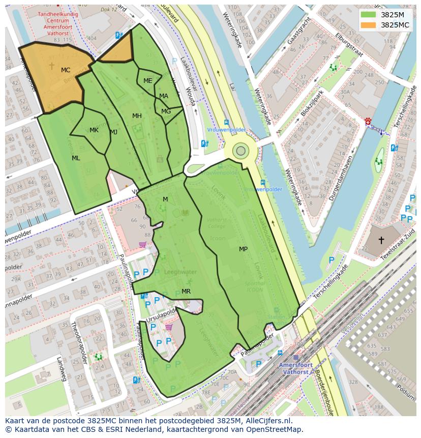 Afbeelding van het postcodegebied 3825 MC op de kaart.