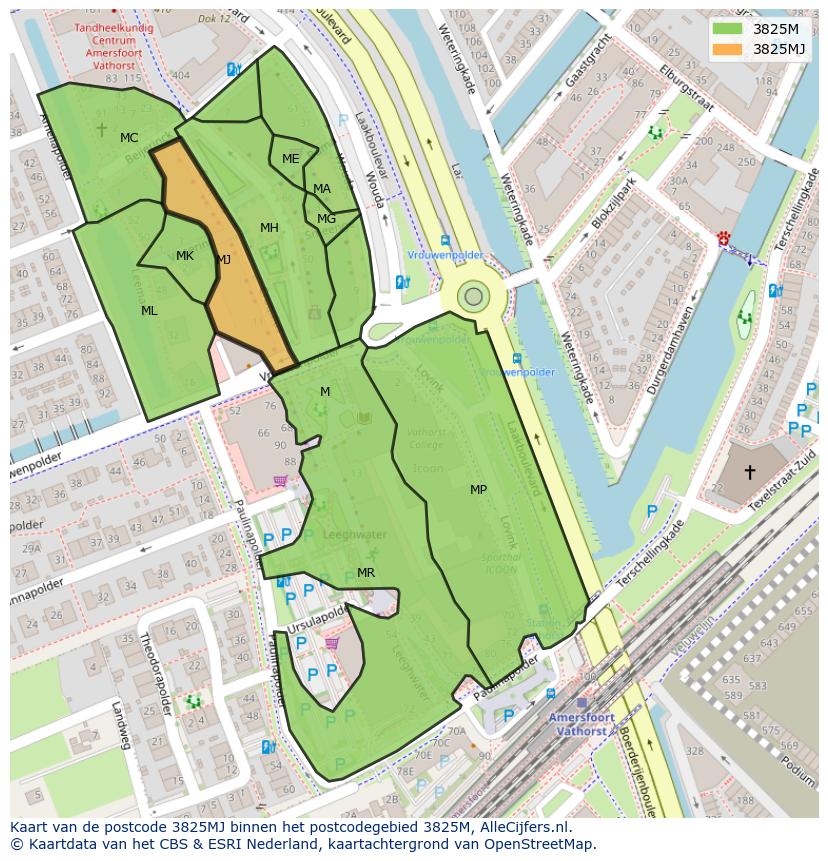Afbeelding van het postcodegebied 3825 MJ op de kaart.