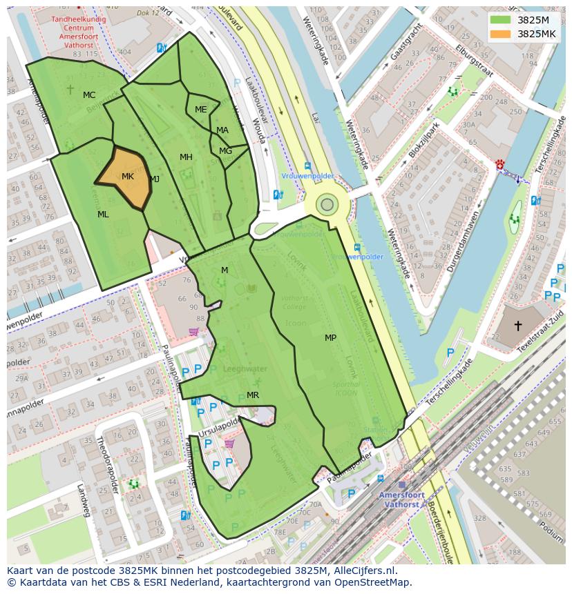 Afbeelding van het postcodegebied 3825 MK op de kaart.