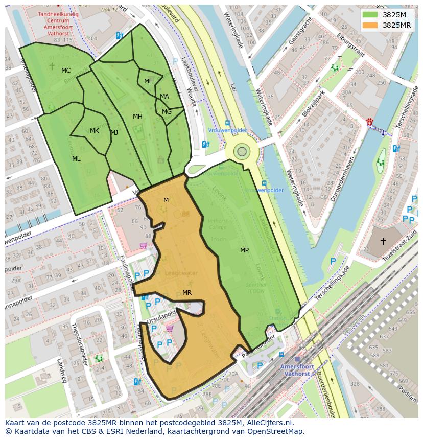 Afbeelding van het postcodegebied 3825 MR op de kaart.