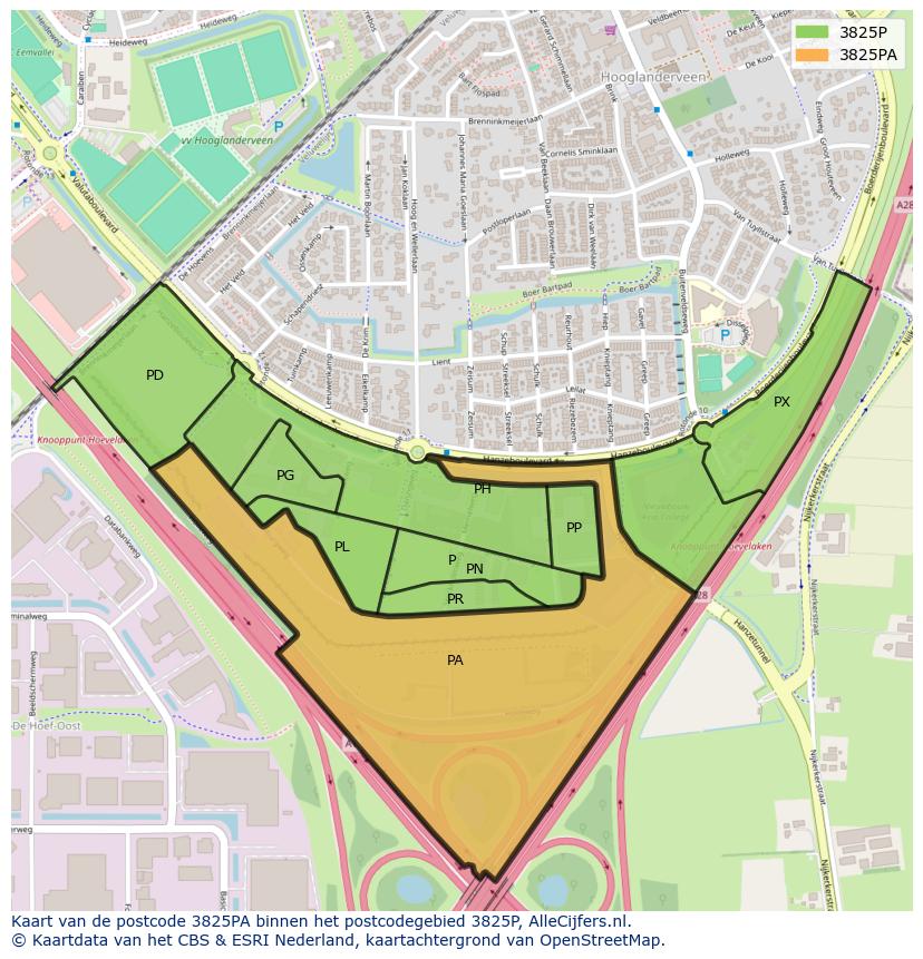Afbeelding van het postcodegebied 3825 PA op de kaart.